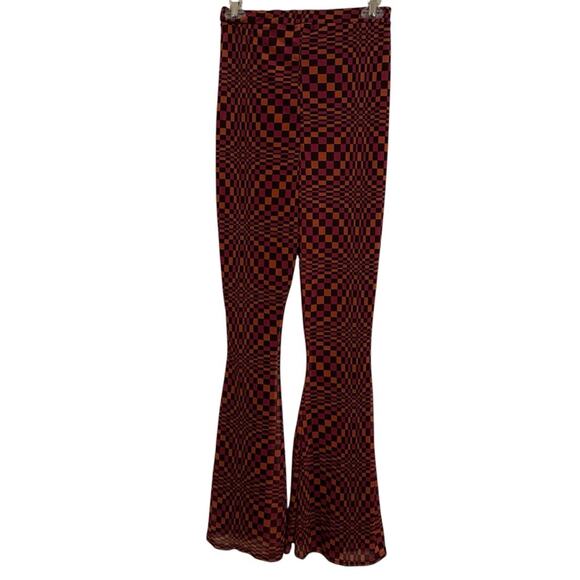 NWT Nasty Gal Abstract Checked Print Mesh Flare Pants - Picture 5 of 7